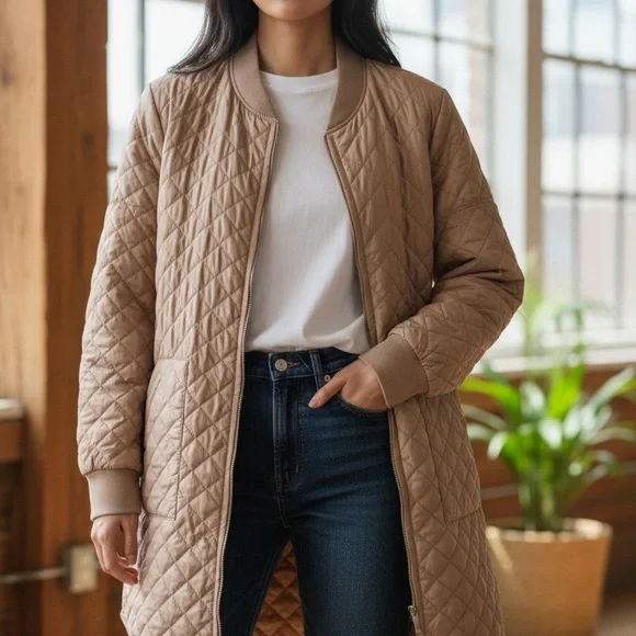 Zella Quilted Brown Bomber Jacket - Picture 1 of 4